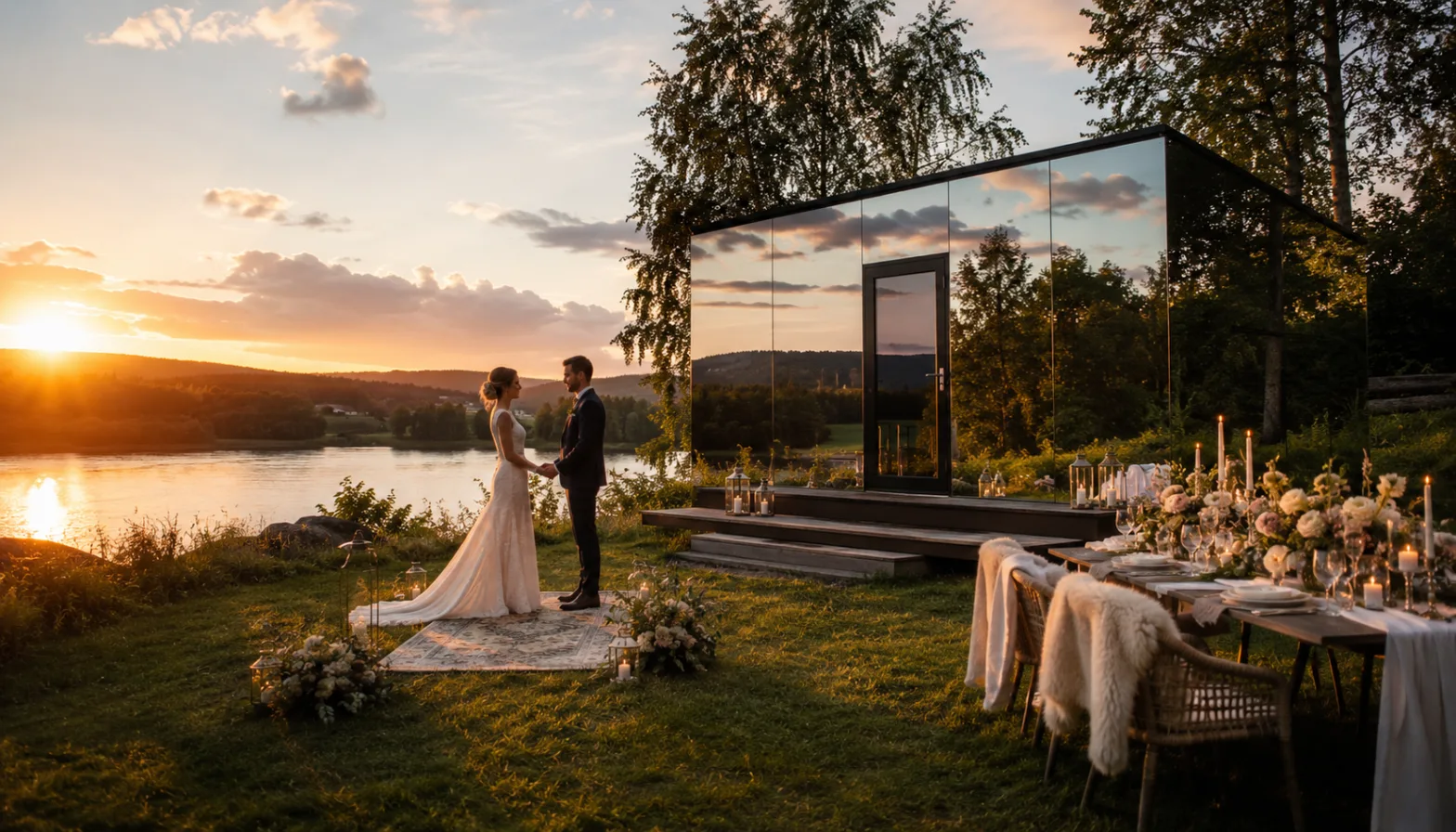 WonderInn Riverside mirrored glass cabin on the Huser Gård estate along the Vorma River at sunset, set up for a two-person elopement ceremony.